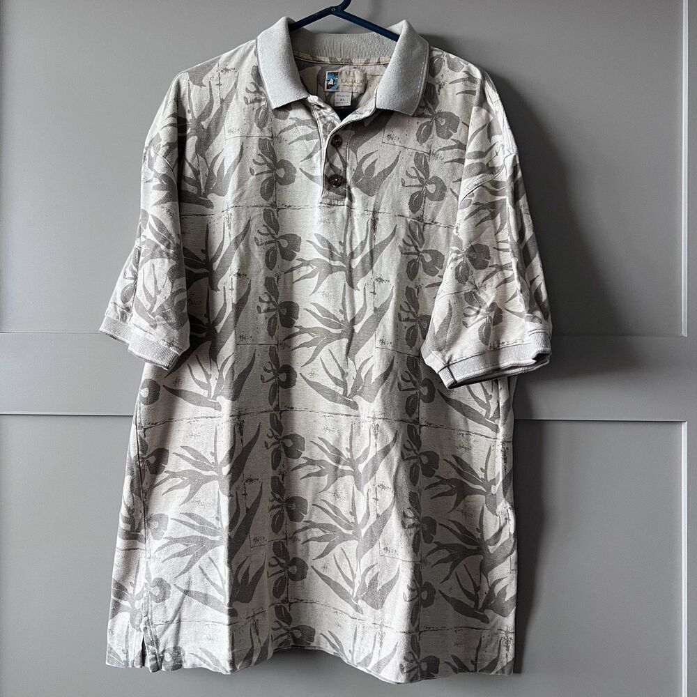 Kahala Polo Shirt Men XL Beige Hawaiian Aloha Floral‎ Tropical Bird of Paradise